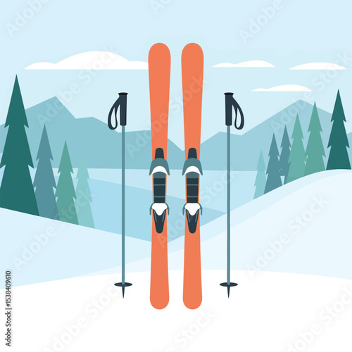 Winter scene depicting orange skis and poles set against a snowy landscape and mountain range suitable for skiing and winter sports related designs