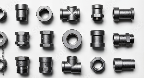 Assorted black metal pipe fittings displayed on a white background  