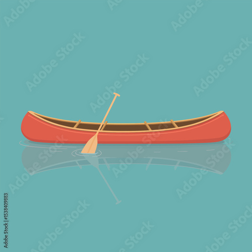 A red canoe with paddle floating on calm turquoise waters depicting recreation and tranquility in a vector illustration