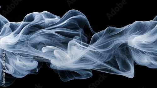 Ethereal wisps of white smoke gracefully swirling against a black backdrop, creating a mystical atmosphere
