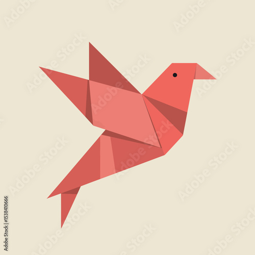 Artistic illustration of a red origami bird in flight with a cream colored background represents freedom and craftsmanship