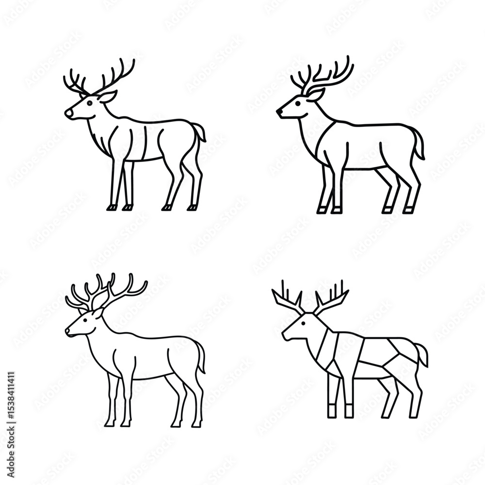 Fototapeta premium Collection of minimalist black and white deer illustrations showcasing different design styles and outlines