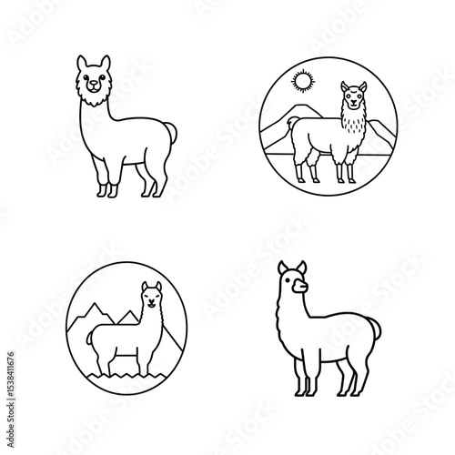 Collection of black and white line art alpaca illustrations suitable for logos and designs