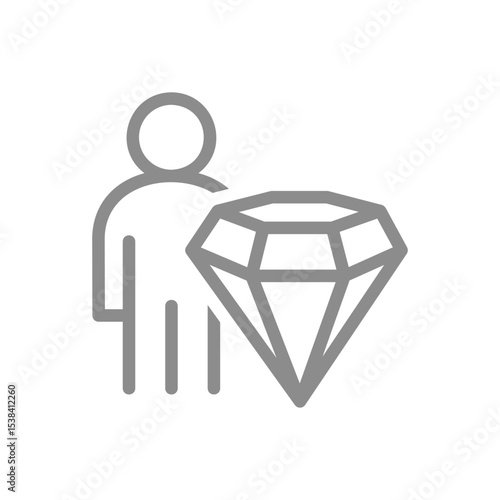 Person near a diamond line icon. Personal value, luxury service, VIP services symbol. Vector illustration