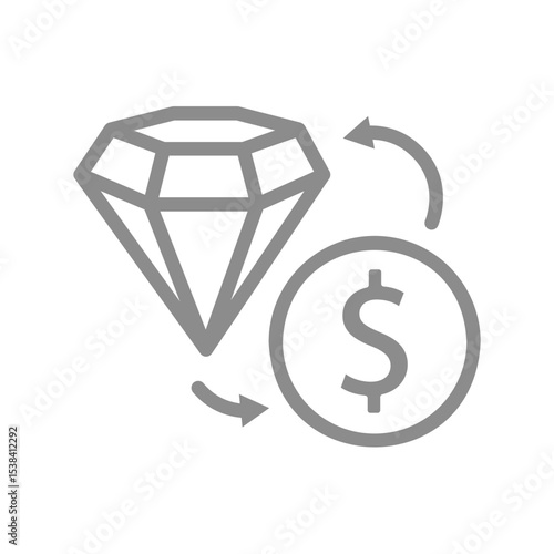 Diamond with a coin line icon. Wealth, investment, luxury purchase, diamond transfer symbol. Vector illustration