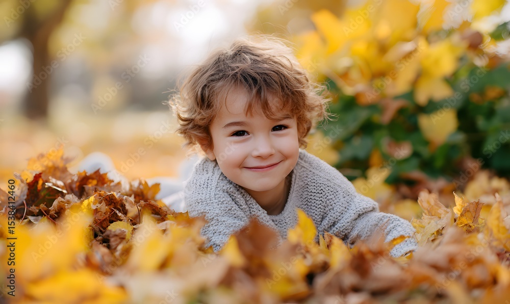 Joyful child lies in autumn leaves, smiles. Kid enjoys fall season,Generative AI Joyful child lies in autumn leaves, smiles. Kid enjoys fall season,Generative AI