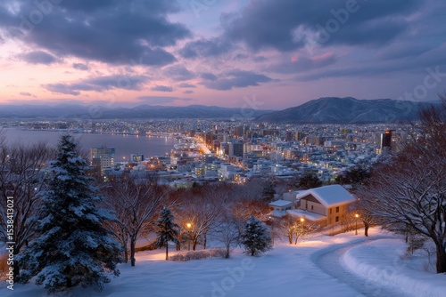 Snowy cityscape at twilight Illuminated buildings line a bay beneath a cloudy sky