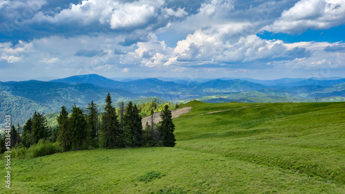 Wide green meadow with distant Carpathian mountain range