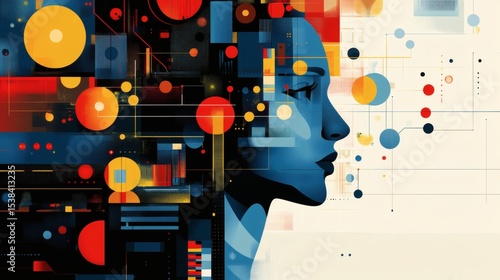 Abstract portrait of a woman's face merged with geometric shapes and lines, representing technology and AI.
