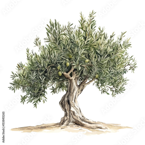 A Olive Tree, watercolor vector, isolated on a white background.