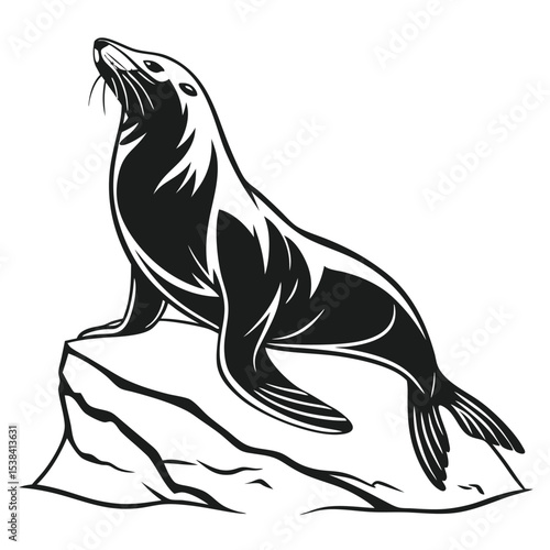 Striking sea lion resting gracefully on a jagged rock is captured in monochrome