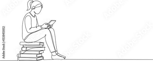Young woman reading tablet while sitting on books, digital education concept, continuous line drawing, online learning, minimal illustration, modern study habits, technology in education.