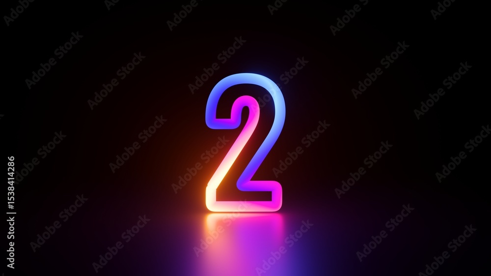 3d rendering. A glowing neon number two in vibrant colors of pink, blue, and orange, set against a dark background with blurry floor reflection 3d rendering. A glowing neon number two in vibrant colors of pink, blue, and orange, set against a dark background with blurry floor reflection