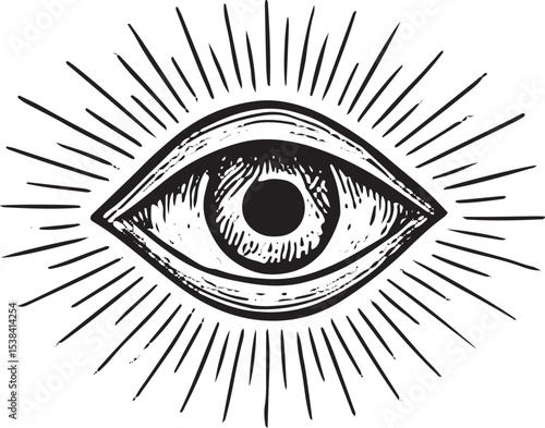 A mystical eye with radiating rays, sketched in black-and-white, symbolizing cosmic vision and celestial mystery for art and design use