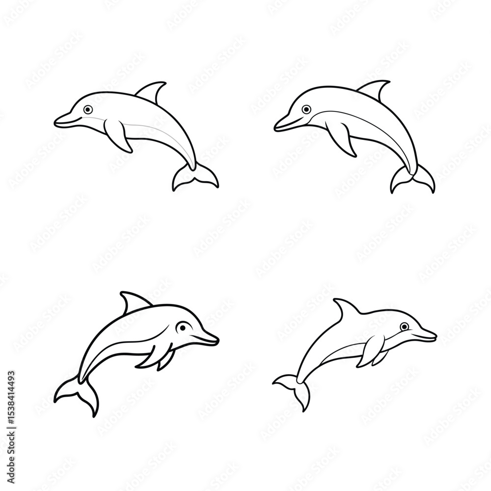 Fototapeta premium Simple black and white vector illustration of four playful swimming dolphins on white background
