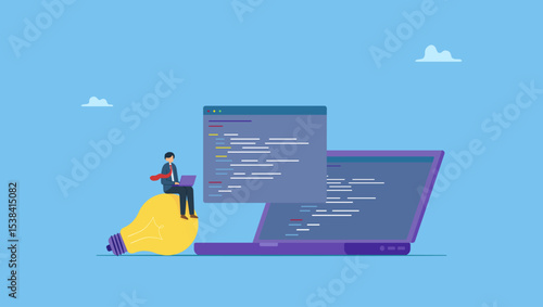 Vector illustration of programmer developing software. Mobile application development. Web design and mobile app design process.
