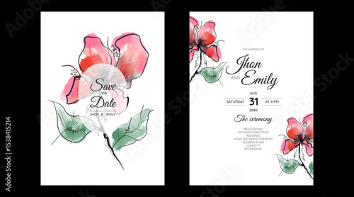 Set of Wedding Invitation, floral invite, thank you, rsvp rustic card design with gold foil decoration. Vector elegant modern template, trendy cover, graphic poster, retro brochure, design template