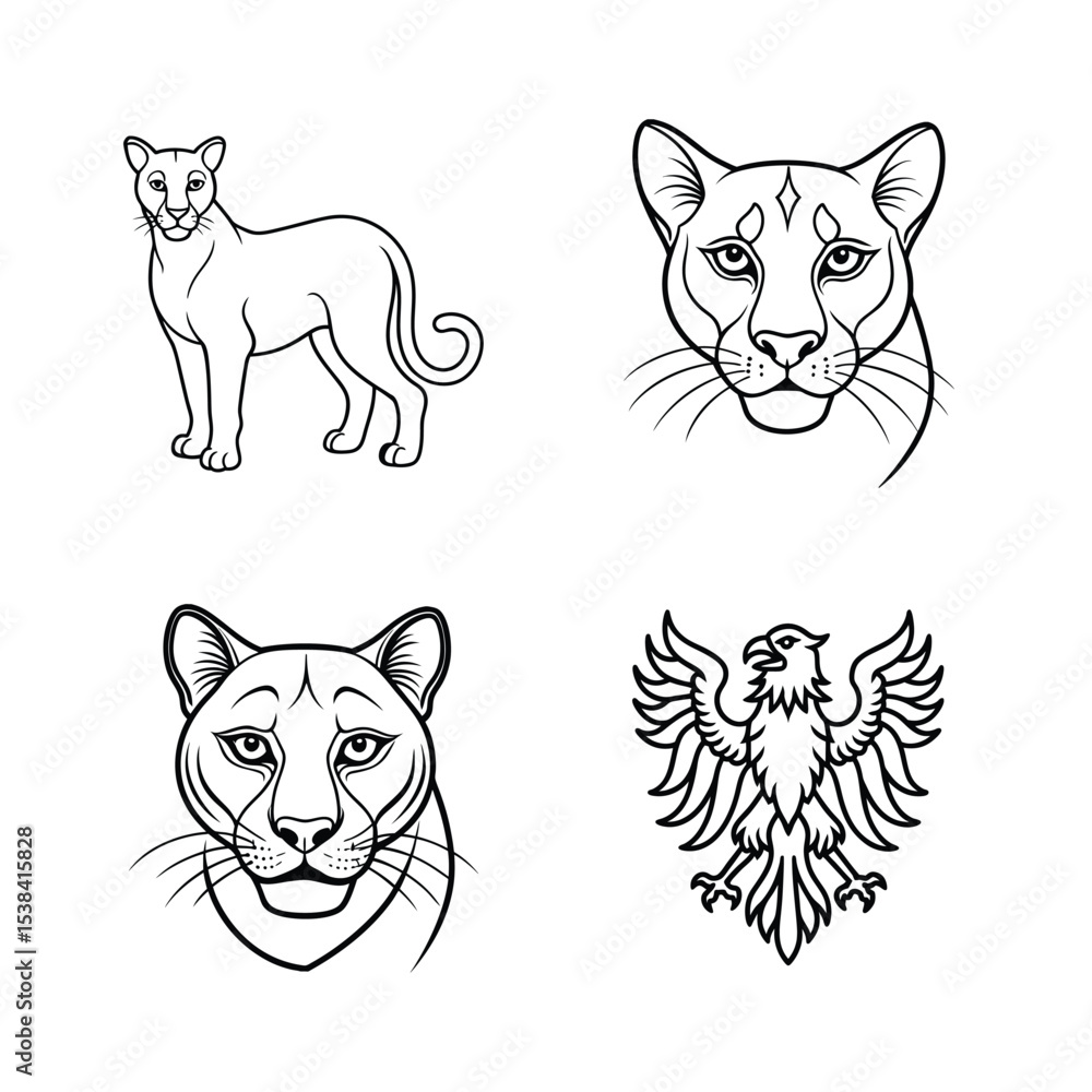 Vector set of cougar and eagle designs in line art style for branding and illustrations Vector set of cougar and eagle designs in line art style for branding and illustrations