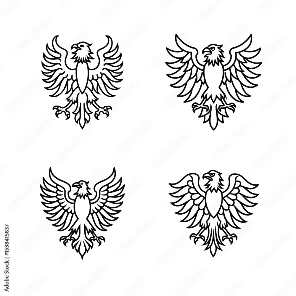 Obraz premium Four heraldic eagle emblems in a minimalist black and white outline style