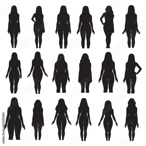Eighteen Black Silhouettes of Women Showing Different Body Types and Poses Front and Back Views woman