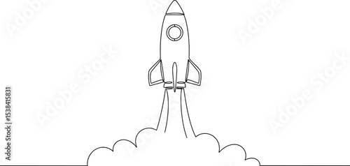 Rocket launch minimal line drawing, startup takeoff concept, business growth idea, innovation symbol illustration, future success sketch, vector outline, creative project, cloud blast scene.