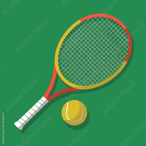 Overhead view of a tennis racket and ball on a green surface depicting sporting equipment and leisure activities in a minimalist flat design