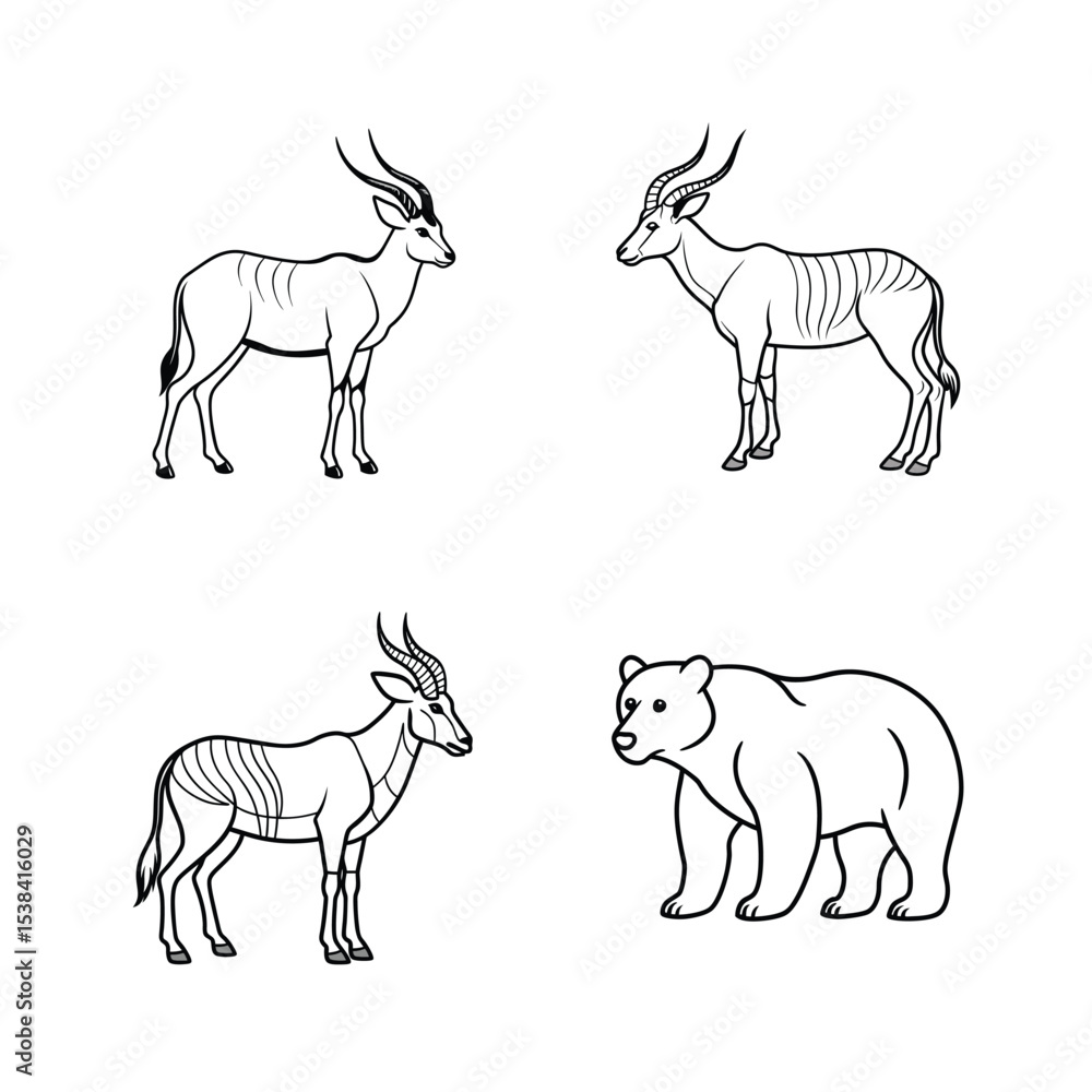 Fototapeta premium Black and white vector illustrations of antelope and bear in simple line art style