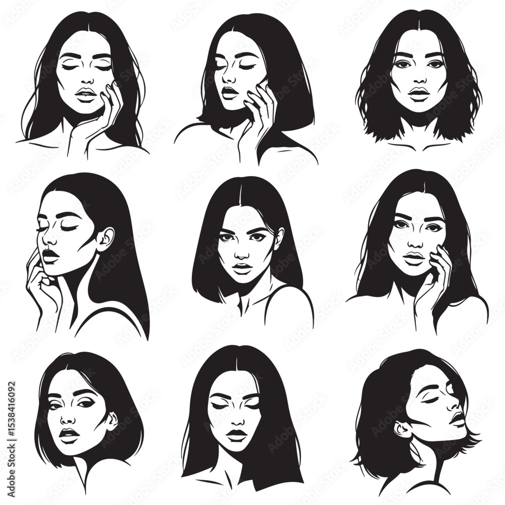 Nine Black and White Illustrations of Women with Various Hairstyles and Expressions woman female Nine Black and White Illustrations of Women with Various Hairstyles and Expressions woman female