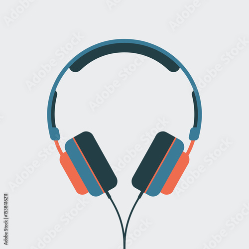 Stylish vector illustration of modern headphones in blue and orange color scheme on white background designed for music and audio concepts