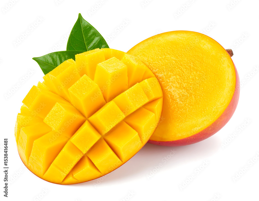 Fresh mango showing its vibrant yellow flesh and green leaves Fresh mango showing its vibrant yellow flesh and green leaves