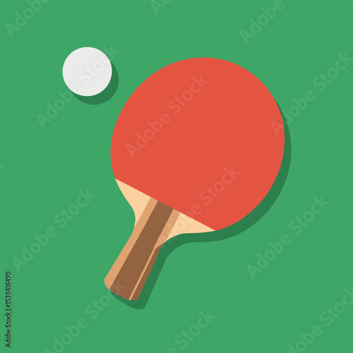 Table tennis equipment illustration a red ping pong paddle and white ball on a green background representing sport competition and leisure
