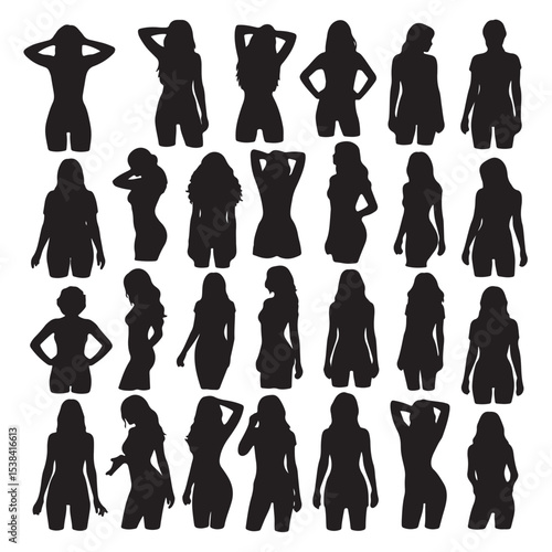 Thirty black silhouettes of women various poses hair styles body types female girl