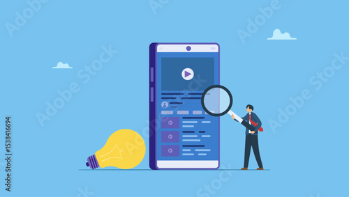 Flat vector illustration of technology business research and learning with online video training, tutorial podcast. A man holds a magnifying glass in front of a smartphone.