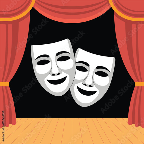 Theater performance concept represented with comedy and tragedy masks against the backdrop of stage curtains and a wooden floor