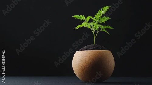 A vibrant green plant growing in a minimalist wooden pot against a dark background, symbolizing growth