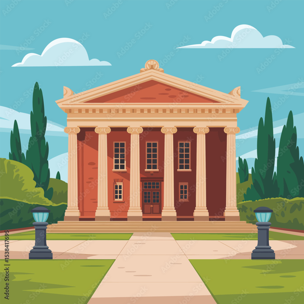 Naklejka premium Vector illustration of a grand neoclassical building with columns and a well manicured landscape perfect for educational or historical themes