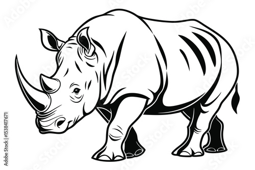 A bold rhino strides forward, outlined in stark black lines, creating a powerful presence