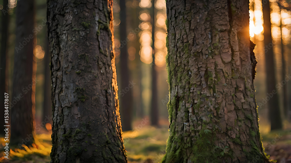 Fototapeta premium Forest with warm sunset light shining through tall trees and golden shadows on the ground