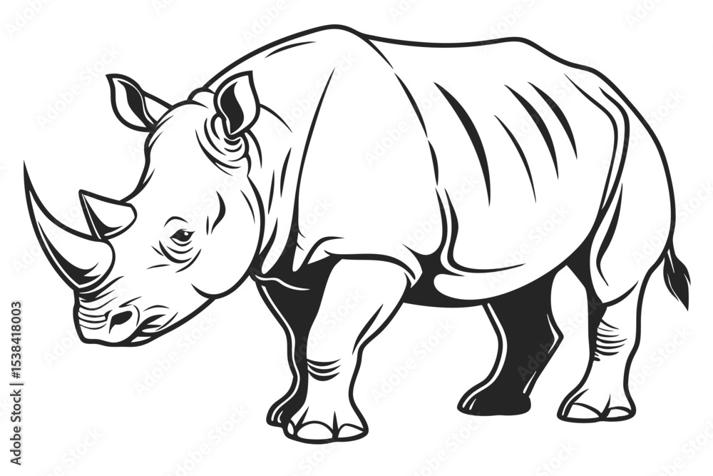 A powerful black and white rhino gazes forward with strength and determination in line art A powerful black and white rhino gazes forward with strength and determination in line art