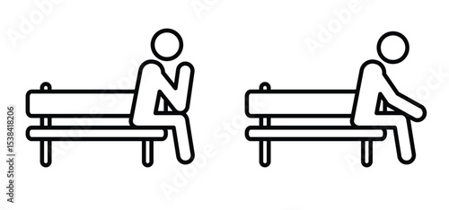 Privacy, dreary man sittingon a bench in the park or forest. Alone, sit, sadly or think. Cartoon painful icon. Unhappy desolation, isolation or solitude concept. Problem or distressing idea.