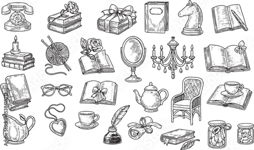 A charming bookcore set featuring hand-drawn illustrations of books, quills, teacups, vintage lamps, chess pieces, mirrors, candelabras, gifts, and cozy decor, perfect for literary and antique-themed 