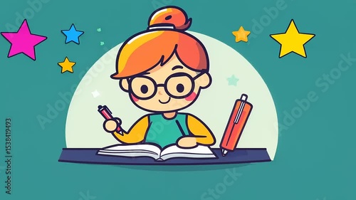 Young girl studying at a desk, writing in a notebook, surrounded by colorful stars and a creative atmosphere
