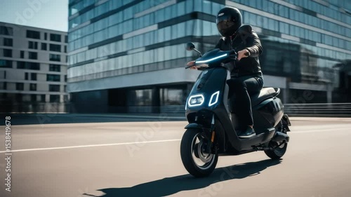 Man riding black electric scooter on urban street near modern buildings, showcasing urban transport and sustainable mobility footage.