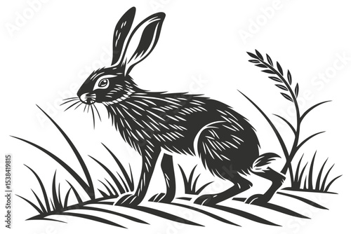 A simple black and white hare peers from wild grass in style