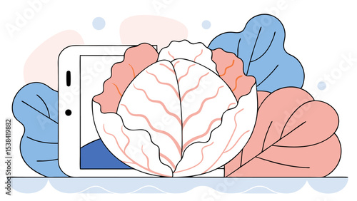 Cabbage on Tablet Screen with Abstract Leaves