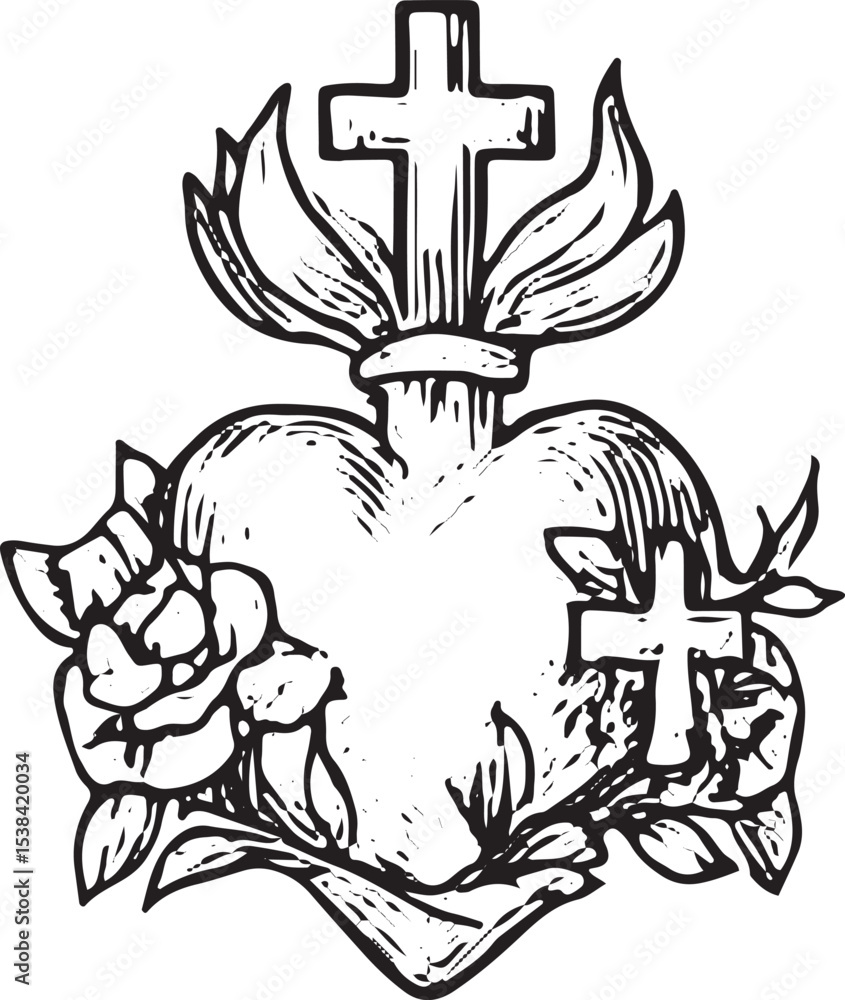 Obraz premium sacred heart, flaming heart, divine love, sacrifice, crown, thorns, black and white, line art, vintage, religious, tattoo design, Christian, faith, spiritual, holy, ornate, detailed, sketch, drawing, 