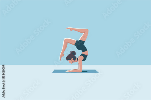 Vector illustration of a woman doing a forearm stand scorpion yoga pose on a mat. Active lifestyle, flexibility, and balance concept in flat cartoon style with blue background.
