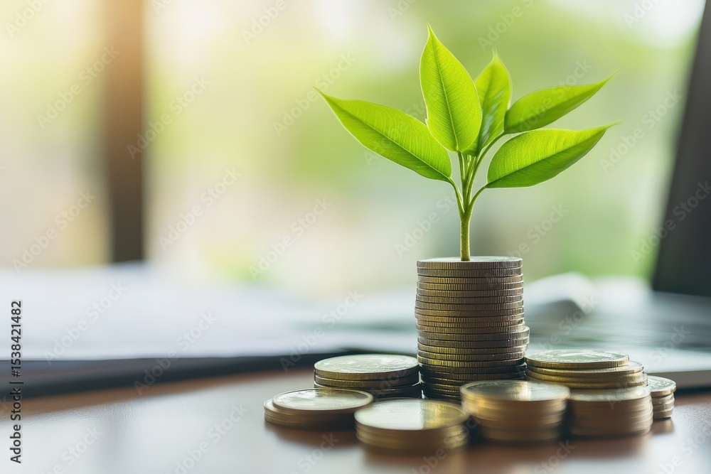 Growing greenery atop stacked coins signifies the importance of investments and financial growth in a modern setting Growing greenery atop stacked coins signifies the importance of investments and financial growth in a modern setting