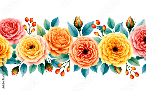 Seamless watercolor border of orange and yellow roses