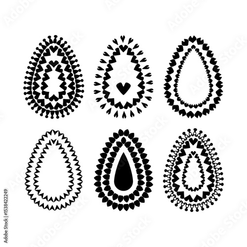 Set of 6 black decorative egg shapes with geometric patterns isolated on white background. Ethnic collection of Easter design elements.